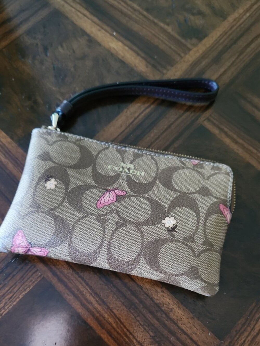 NEW Coach Canvas Signature Butterflies & Floral Print Corner Zip Wristlet Wallet